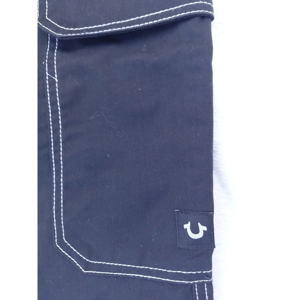 New True Religion Men's Black Denim Cargo Shorts Contrast Stitch Zip Baggy Skate